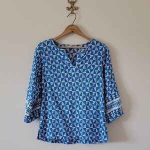 Soft Surroundings Narah Top Blue White Geometric Print Size XS